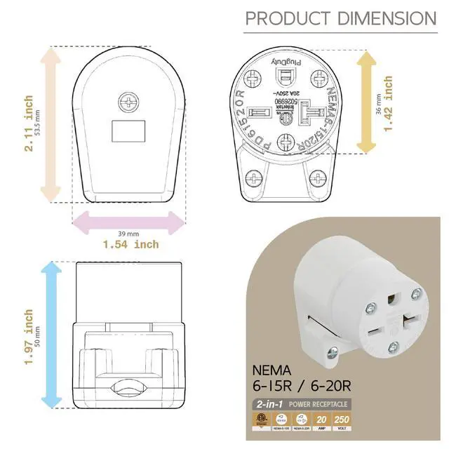 Alt view image 5 of 7 - Right Angle NEMA 6-20R Female Socket, 20Amp/250Volt, NEMA 6-15R 15A/250V ETL Listed Heavy Duty 3-Prong Female Straight Blade Connector, 15/20A 250V AC Industrial Grade Cord End Socket, White Color