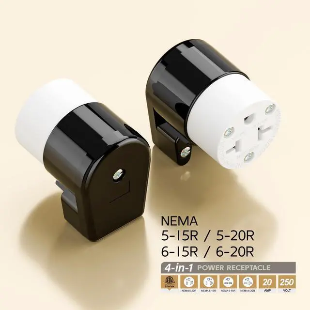 Alt view image 4 of 7 - Right Angled Four-in-One Heavy Duty Polarized NEMA 5-15R/5-20R/6-15R/6-20R Female Receptacle,15A/20A 125VOLT, 15A/20A 250V NEMA 4-in-1 Connector, Straight Female Socket Black and White Color