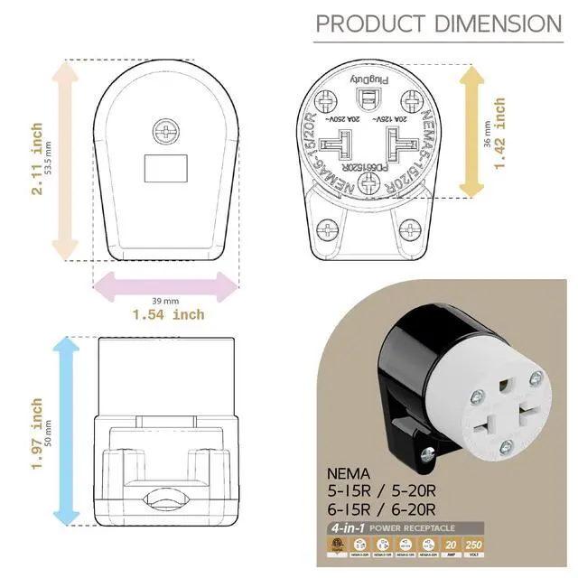 Alt view image 5 of 7 - Right Angled Four-in-One Heavy Duty Polarized NEMA 5-15R/5-20R/6-15R/6-20R Female Receptacle,15A/20A 125VOLT, 15A/20A 250V NEMA 4-in-1 Connector, Straight Female Socket Black and White Color