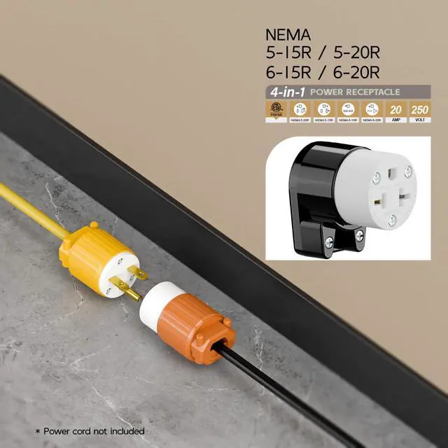 Alt view image 6 of 7 - Right Angled Four-in-One Heavy Duty Polarized NEMA 5-15R/5-20R/6-15R/6-20R Female Receptacle,15A/20A 125VOLT, 15A/20A 250V NEMA 4-in-1 Connector, Straight Female Socket Black and White Color