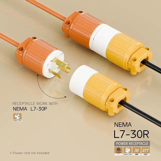 Alt view image 2 of 6 - NEMA L7-30R Locking Plug, (ETL Listed) Cord End Connector, Twist Lock L7-30R 30Amp 277Volt Female AC Connector, Industrial Grade 30A 277V Replacement Socket PDL730R Yellow Color