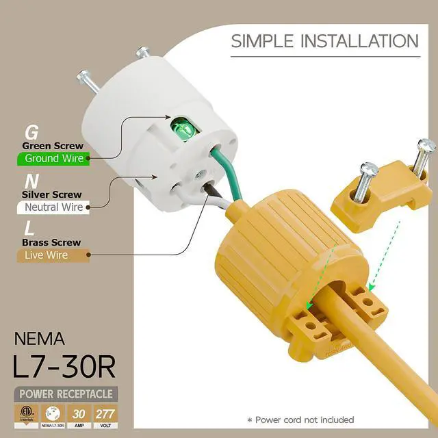 Alt view image 3 of 6 - NEMA L7-30R Locking Plug, (ETL Listed) Cord End Connector, Twist Lock L7-30R 30Amp 277Volt Female AC Connector, Industrial Grade 30A 277V Replacement Socket PDL730R Yellow Color