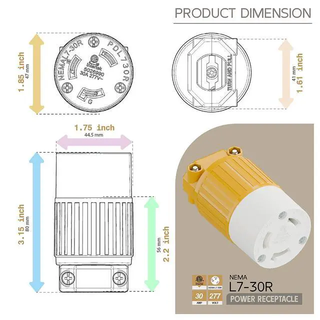 Alt view image 5 of 6 - NEMA L7-30R Locking Plug, (ETL Listed) Cord End Connector, Twist Lock L7-30R 30Amp 277Volt Female AC Connector, Industrial Grade 30A 277V Replacement Socket PDL730R Yellow Color
