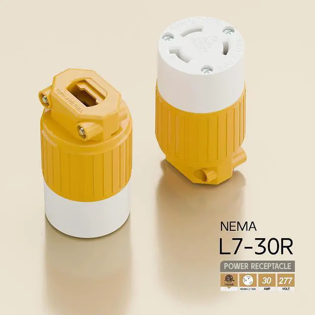 Alt view image 4 of 6 - NEMA L7-30R Locking Plug, (ETL Listed) Cord End Connector, Twist Lock L7-30R 30Amp 277Volt Female AC Connector, Industrial Grade 30A 277V Replacement Socket PDL730R Yellow Color
