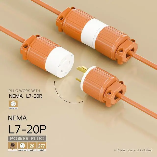 Alt view image 2 of 6 - NEMA L7-20P Locking Plug, (ETL Listed) Cord End Connector, Twist Lock L7-20 20Amp 277Volt Male AC Connector, Industrial Grade 20A 277V Replacement Plugs PDL720P Orange Color