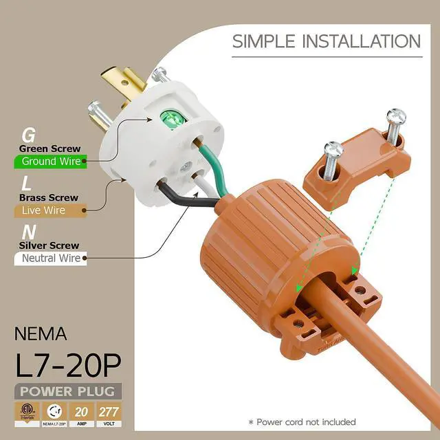 Alt view image 3 of 6 - NEMA L7-20P Locking Plug, (ETL Listed) Cord End Connector, Twist Lock L7-20 20Amp 277Volt Male AC Connector, Industrial Grade 20A 277V Replacement Plugs PDL720P Orange Color