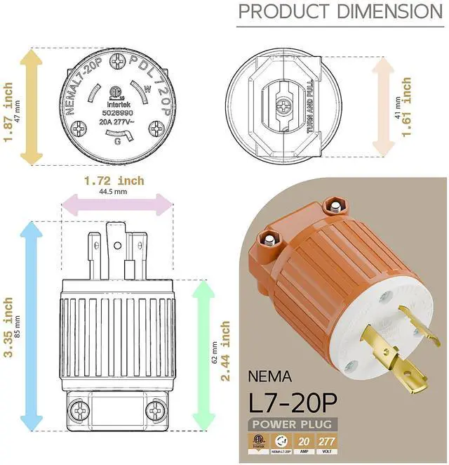 Alt view image 5 of 6 - NEMA L7-20P Locking Plug, (ETL Listed) Cord End Connector, Twist Lock L7-20 20Amp 277Volt Male AC Connector, Industrial Grade 20A 277V Replacement Plugs PDL720P Orange Color
