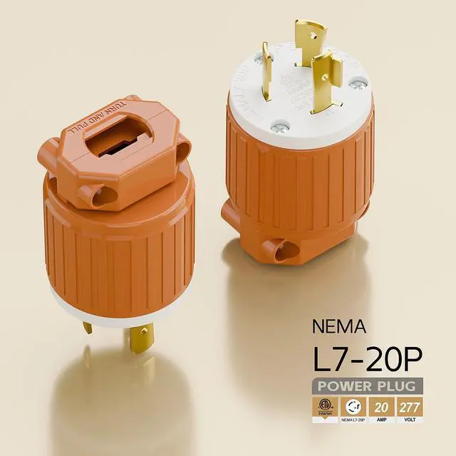 Alt view image 4 of 6 - NEMA L7-20P Locking Plug, (ETL Listed) Cord End Connector, Twist Lock L7-20 20Amp 277Volt Male AC Connector, Industrial Grade 20A 277V Replacement Plugs PDL720P Orange Color