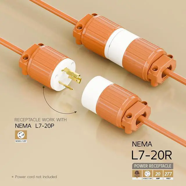 Alt view image 2 of 6 - NEMA L7-20R Locking Plug, (ETL Listed) Cord End Connector, Twist Lock L7-20 20Amp 277Volt Female AC Connector, Industrial Grade 20A 277V Replacement Socket PDL720R Orange Color