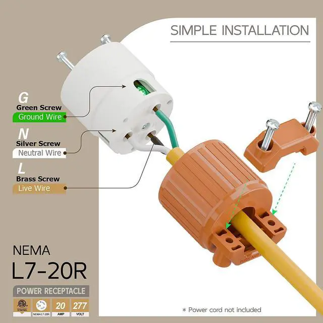 Alt view image 3 of 6 - NEMA L7-20R Locking Plug, (ETL Listed) Cord End Connector, Twist Lock L7-20 20Amp 277Volt Female AC Connector, Industrial Grade 20A 277V Replacement Socket PDL720R Orange Color