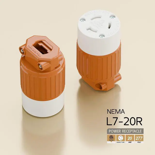 Alt view image 4 of 6 - NEMA L7-20R Locking Plug, (ETL Listed) Cord End Connector, Twist Lock L7-20 20Amp 277Volt Female AC Connector, Industrial Grade 20A 277V Replacement Socket PDL720R Orange Color