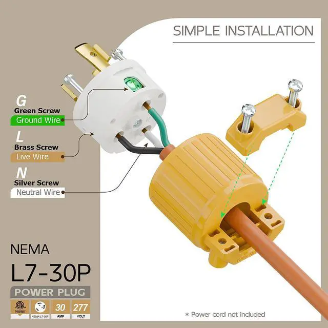 Alt view image 3 of 6 - NEMA L7-30P Locking Plug, (ETL Listed) Cord End Connector, Twist Lock L7-30P 30Amp 277Volt Male AC Connector, Industrial Grade 30A 277V Replacement Socket PDL730P Yellow Color