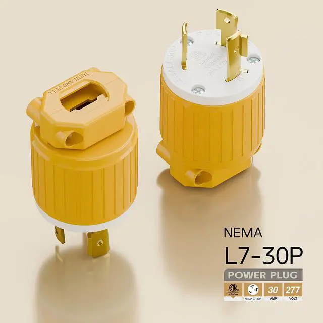 Alt view image 4 of 6 - NEMA L7-30P Locking Plug, (ETL Listed) Cord End Connector, Twist Lock L7-30P 30Amp 277Volt Male AC Connector, Industrial Grade 30A 277V Replacement Socket PDL730P Yellow Color