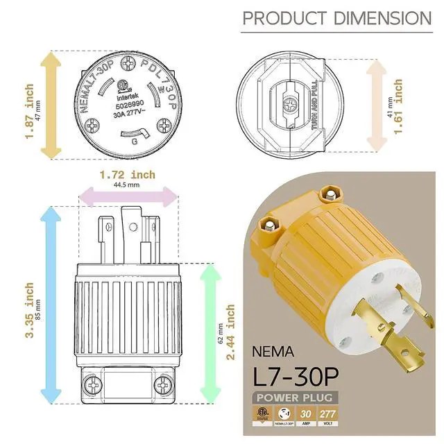 Alt view image 5 of 6 - NEMA L7-30P Locking Plug, (ETL Listed) Cord End Connector, Twist Lock L7-30P 30Amp 277Volt Male AC Connector, Industrial Grade 30A 277V Replacement Socket PDL730P Yellow Color