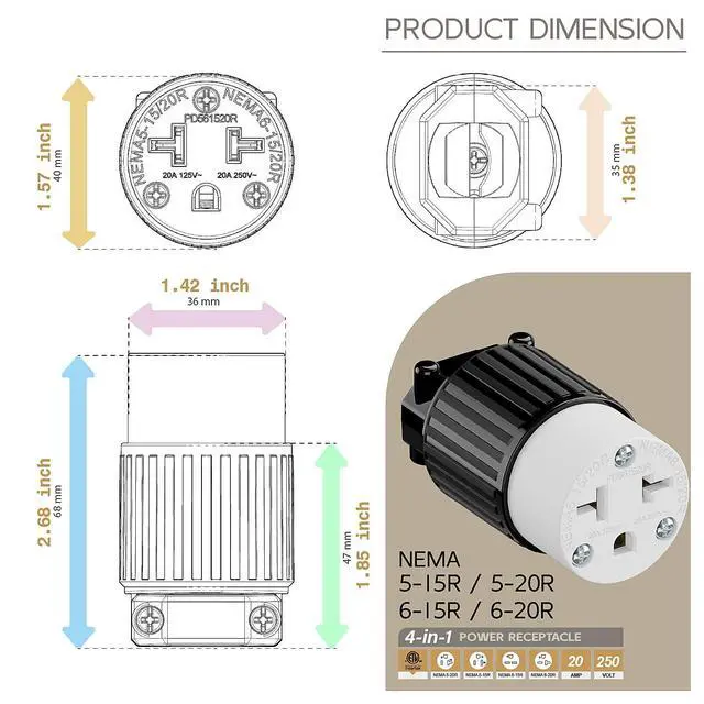 Alt view image 5 of 6 - Four-in-One Heavy Duty NEMA 5-15R/5-20R/6-15R/6-20R Female Receptacle,15A/20A 125VOLT, 15A/20A 250V NEMA 4-in-1 Connector, Straight Female Socket Black and White Color