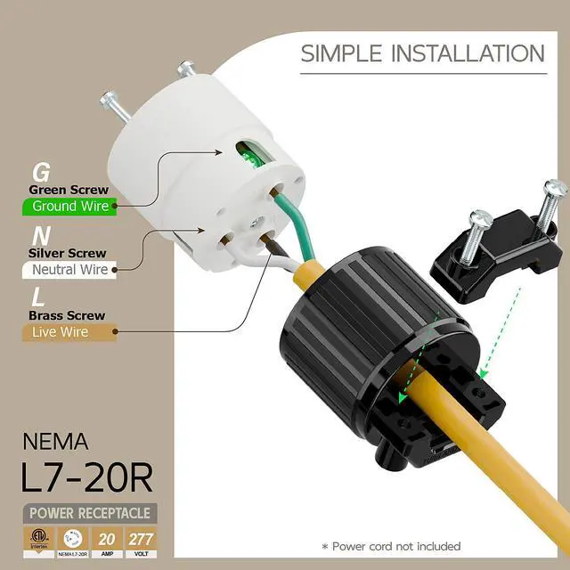 Alt view image 3 of 6 - NEMA L7-20R Locking Plug, (ETL Listed) Cord End Connector, Twist Lock L7-20 20Amp 277Volt Female AC Connector, Industrial Grade 20A 277V Replacement Socket PDL720R Black and White Color