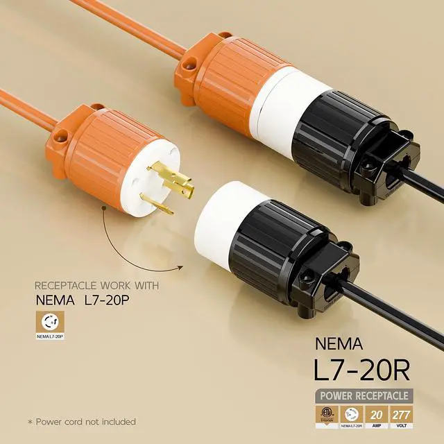 Alt view image 2 of 6 - NEMA L7-20R Locking Plug, (ETL Listed) Cord End Connector, Twist Lock L7-20 20Amp 277Volt Female AC Connector, Industrial Grade 20A 277V Replacement Socket PDL720R Black and White Color