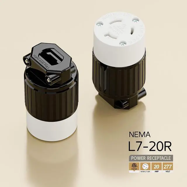 Alt view image 4 of 6 - NEMA L7-20R Locking Plug, (ETL Listed) Cord End Connector, Twist Lock L7-20 20Amp 277Volt Female AC Connector, Industrial Grade 20A 277V Replacement Socket PDL720R Black and White Color