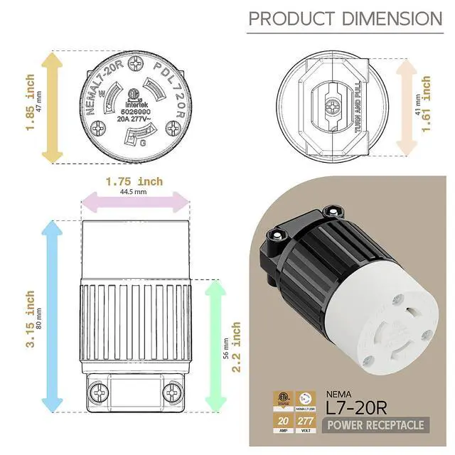 Alt view image 5 of 6 - NEMA L7-20R Locking Plug, (ETL Listed) Cord End Connector, Twist Lock L7-20 20Amp 277Volt Female AC Connector, Industrial Grade 20A 277V Replacement Socket PDL720R Black and White Color
