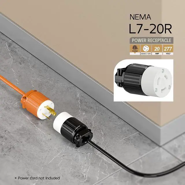 Alt view image 6 of 6 - NEMA L7-20R Locking Plug, (ETL Listed) Cord End Connector, Twist Lock L7-20 20Amp 277Volt Female AC Connector, Industrial Grade 20A 277V Replacement Socket PDL720R Black and White Color