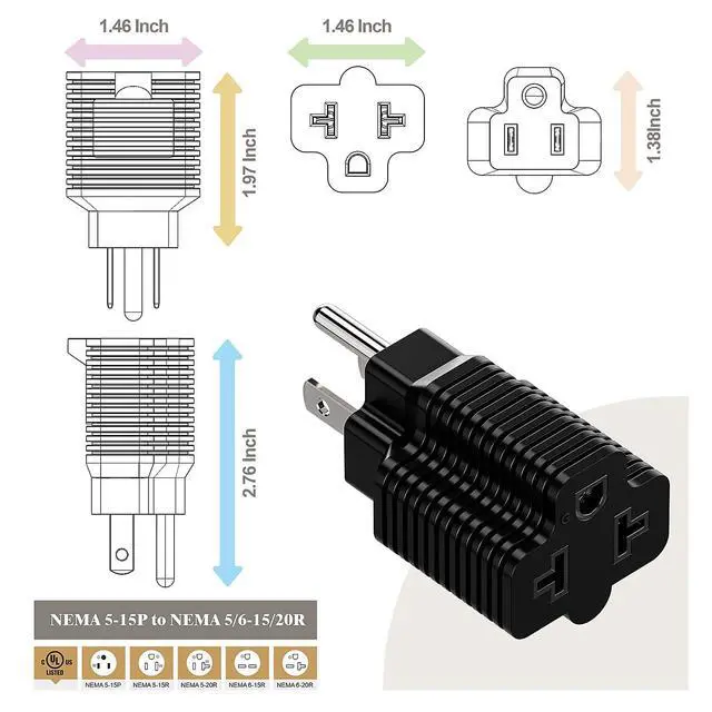 Alt view image 4 of 7 - Four in One Nema 5-15P 15 Amp AC Plug to 20 Amp 125V Adapter,5-15P to 5-20R,5-15P to 6-15R,5-15P to 6-20R, 4 in 1 AC Power Adapter