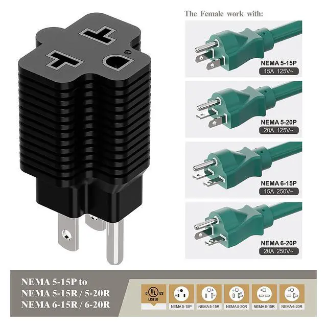 Alt view image 6 of 7 - Four in One Nema 5-15P 15 Amp AC Plug to 20 Amp 125V Adapter,5-15P to 5-20R,5-15P to 6-15R,5-15P to 6-20R, 4 in 1 AC Power Adapter