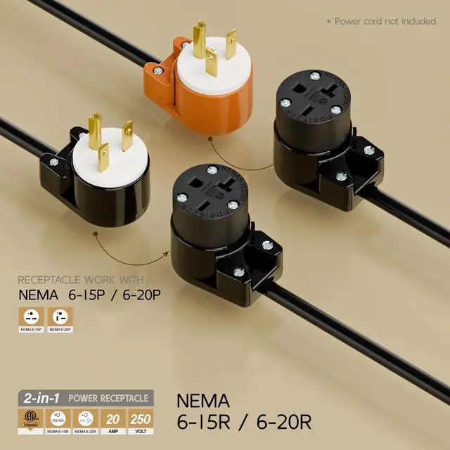 Alt view image 2 of 7 - Right Angle NEMA 6-20R Female Socket, 20Amp/250Volt, NEMA 6-15R 15A/250V ETL Listed Heavy Duty 3-Prong Female Straight Blade Connector, 15/20A 250V AC Industrial Grade Cord End Socket, Black