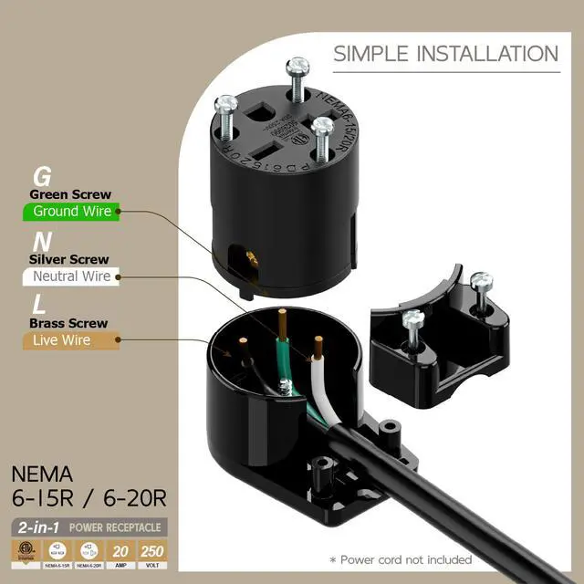 Alt view image 3 of 7 - Right Angle NEMA 6-20R Female Socket, 20Amp/250Volt, NEMA 6-15R 15A/250V ETL Listed Heavy Duty 3-Prong Female Straight Blade Connector, 15/20A 250V AC Industrial Grade Cord End Socket, Black