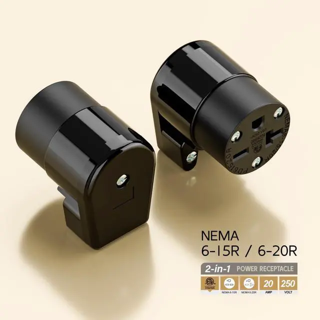 Alt view image 4 of 7 - Right Angle NEMA 6-20R Female Socket, 20Amp/250Volt, NEMA 6-15R 15A/250V ETL Listed Heavy Duty 3-Prong Female Straight Blade Connector, 15/20A 250V AC Industrial Grade Cord End Socket, Black