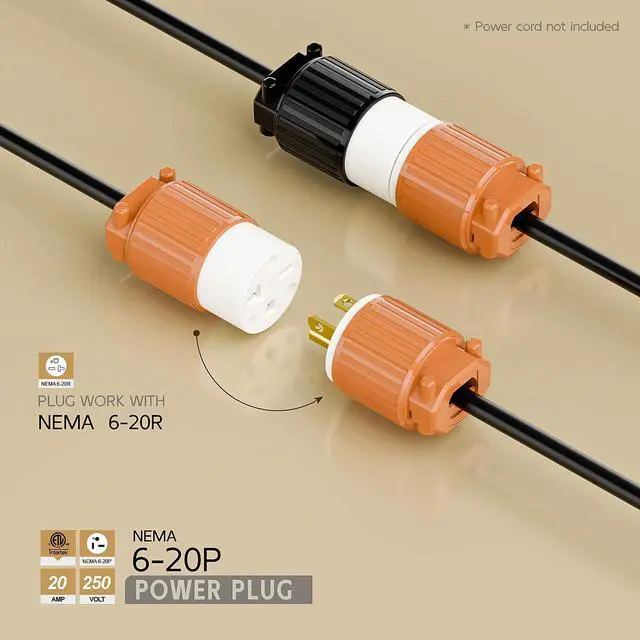 Alt view image 2 of 6 - NEMA 6-20P Male Plug, ETL Listed 20AMP/250VOLT,20A Straight DIY Male, USA/Canada 3-Prong Connector, 20A/250V Plug Household AC Industrial Grade Plugs Orange Color