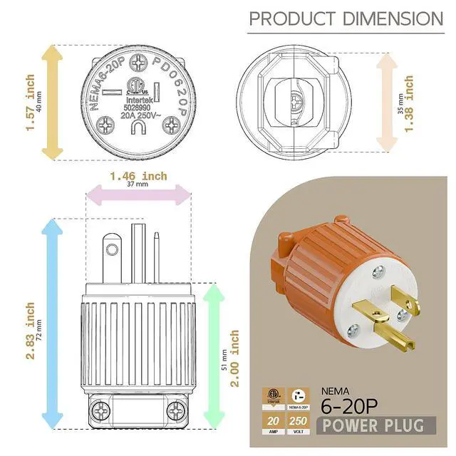 Alt view image 5 of 6 - NEMA 6-20P Male Plug, ETL Listed 20AMP/250VOLT,20A Straight DIY Male, USA/Canada 3-Prong Connector, 20A/250V Plug Household AC Industrial Grade Plugs Orange Color