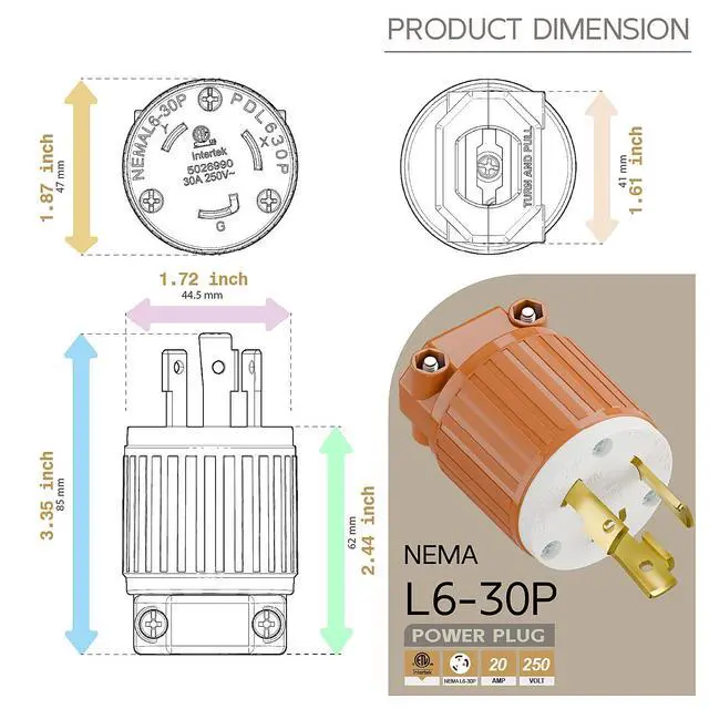 Alt view image 5 of 6 - Nema L6-30P 30 Amp 250 Volt Plug, L6-30 Locking Power Cord Connector 2P 3W, Locking Plug, Industrial Grade DIY Twist-Lock Cord Male Plug,Black and White Color,Orange Color