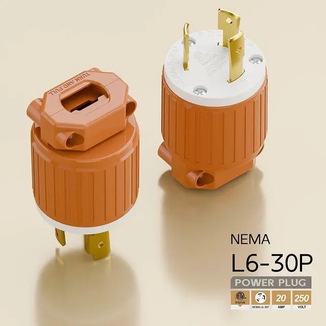 Alt view image 4 of 6 - Nema L6-30P 30 Amp 250 Volt Plug, L6-30 Locking Power Cord Connector 2P 3W, Locking Plug, Industrial Grade DIY Twist-Lock Cord Male Plug,Black and White Color,Orange Color