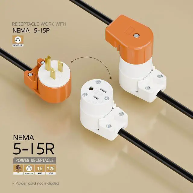 Alt view image 2 of 7 - 360° Rotatable NEMA 5-15R Rewireable Female Receptacle, ETL Listed 15A 125V Right Angle Cord End Socket, 3-Prong DIY Replacement AC Connector for 12/14/16AWG Power Cord, White