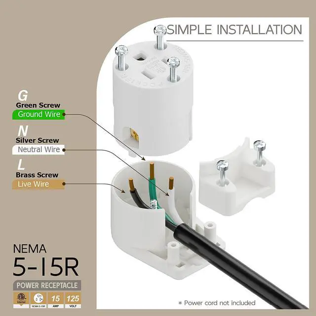 Alt view image 3 of 7 - 360° Rotatable NEMA 5-15R Rewireable Female Receptacle, ETL Listed 15A 125V Right Angle Cord End Socket, 3-Prong DIY Replacement AC Connector for 12/14/16AWG Power Cord, White