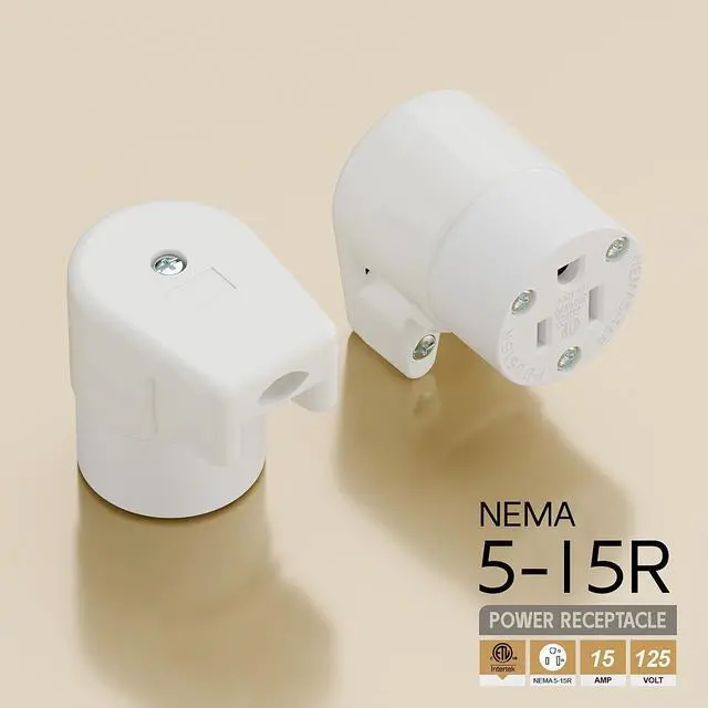 Alt view image 4 of 7 - 360° Rotatable NEMA 5-15R Rewireable Female Receptacle, ETL Listed 15A 125V Right Angle Cord End Socket, 3-Prong DIY Replacement AC Connector for 12/14/16AWG Power Cord, White
