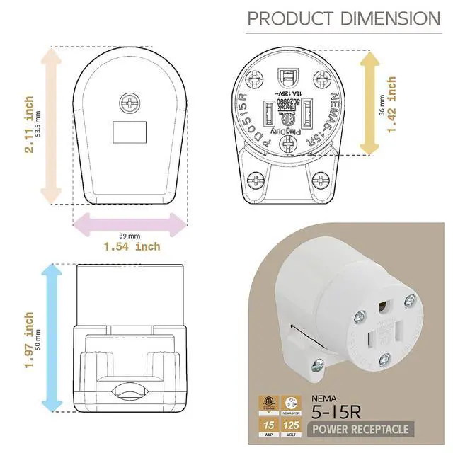 Alt view image 5 of 7 - 360° Rotatable NEMA 5-15R Rewireable Female Receptacle, ETL Listed 15A 125V Right Angle Cord End Socket, 3-Prong DIY Replacement AC Connector for 12/14/16AWG Power Cord, White