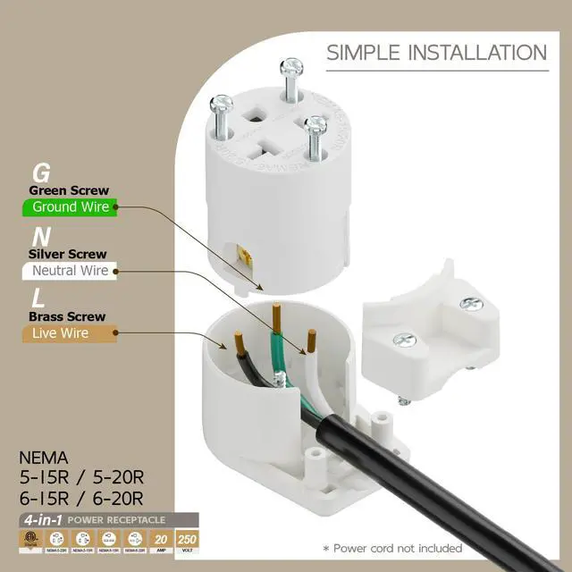 Alt view image 3 of 7 - Right Angled Four-in-One Heavy Duty Polarized NEMA 5-15R/5-20R/6-15R/6-20R Female Receptacle,15A/20A 125VOLT, 15A/20A 250V NEMA 4-in-1 Connector, Straight Female Socket White Collor