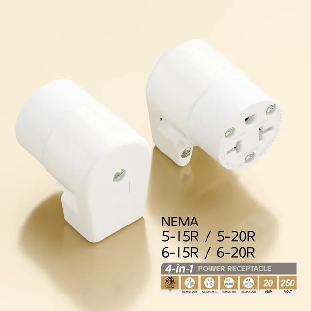 Alt view image 4 of 7 - Right Angled Four-in-One Heavy Duty Polarized NEMA 5-15R/5-20R/6-15R/6-20R Female Receptacle,15A/20A 125VOLT, 15A/20A 250V NEMA 4-in-1 Connector, Straight Female Socket White Collor