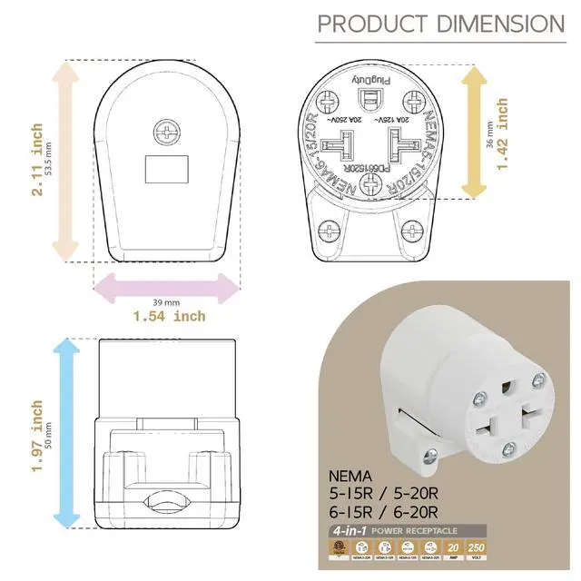 Alt view image 5 of 7 - Right Angled Four-in-One Heavy Duty Polarized NEMA 5-15R/5-20R/6-15R/6-20R Female Receptacle,15A/20A 125VOLT, 15A/20A 250V NEMA 4-in-1 Connector, Straight Female Socket White Collor