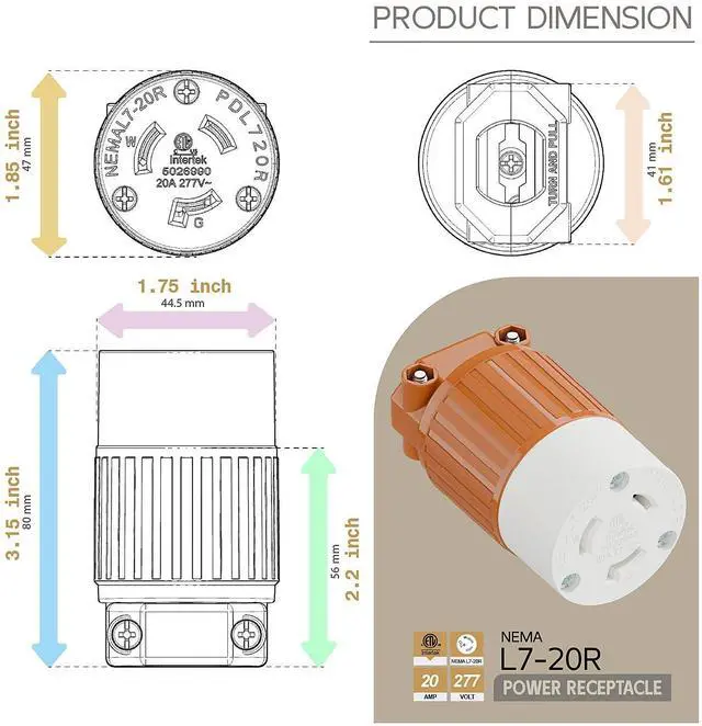 Alt view image 5 of 6 - NEMA L7-20R Locking Plug, (ETL Listed) Cord End Connector, Twist Lock L7-20 20Amp 277Volt Female AC Connector, Industrial Grade 20A 277V Replacement Socket PDL720R Orange Color