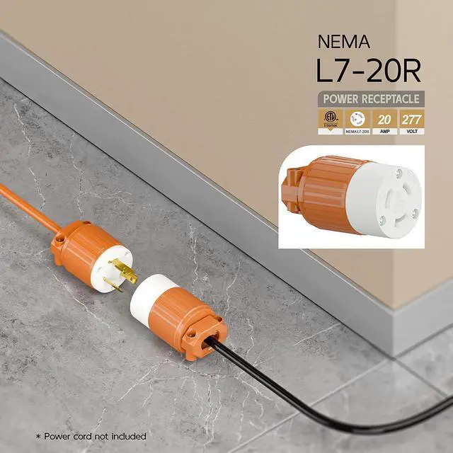Alt view image 6 of 6 - NEMA L7-20R Locking Plug, (ETL Listed) Cord End Connector, Twist Lock L7-20 20Amp 277Volt Female AC Connector, Industrial Grade 20A 277V Replacement Socket PDL720R Orange Color