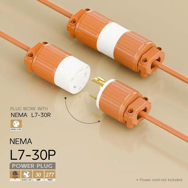 Alt view image 2 of 6 - NEMA L7-30P Locking Plug, (ETL Listed) Cord End Connector, Twist Lock L7-30P 30Amp 277Volt Male AC Connector, Industrial Grade 30A 277V Replacement Socket PDL730P Orange Color