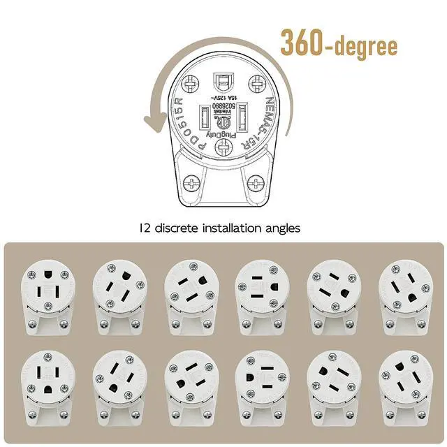 Alt view image 7 of 7 - 360° Rotatable NEMA 5-15R Rewireable Female Receptacle, ETL Listed 15A 125V Right Angle Cord End Socket, 3-Prong DIY Replacement AC Connector for 12/14/16AWG Power Cord, White