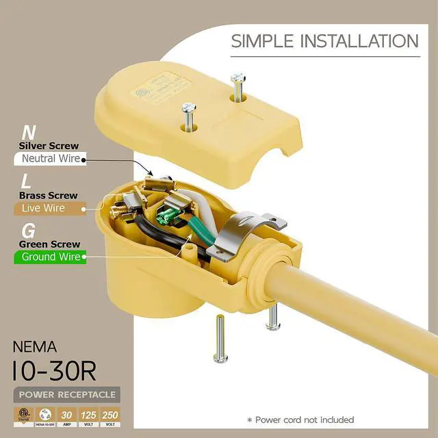 Alt view image 4 of 7 - NEMA 10-30R Plug,10-30 30A/125/250V Female Connector, (ETL Certified) 30Amp 125/250Volt Cord End Socket, Female 30A Dryer Receptacle, Heavy Duty, Yellow Color