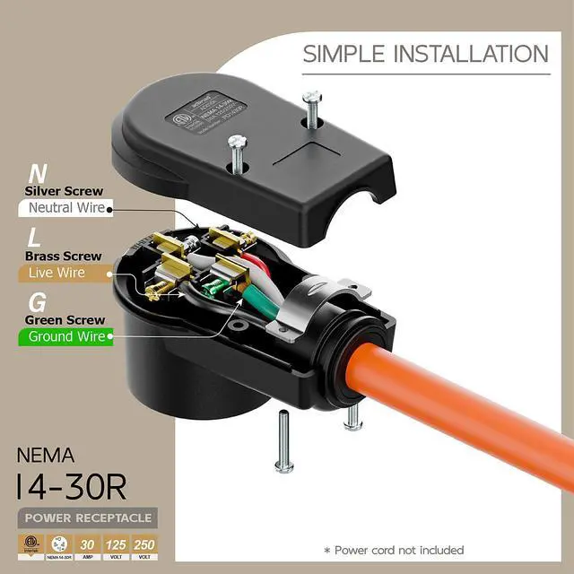 Alt view image 4 of 7 - NEMA 14-30R Plug,14-30 30A/125/250V Female Connector, (ETL Certified) 30Amp 125/250Volt Cord End Socket, Female 30A Dryer Receptacle, Heavy Duty, Black Color