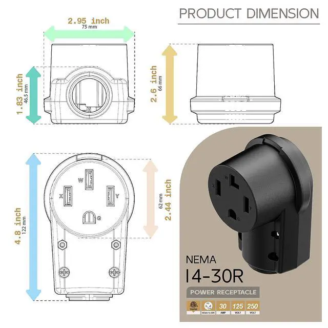 Alt view image 5 of 7 - NEMA 14-30R Plug,14-30 30A/125/250V Female Connector, (ETL Certified) 30Amp 125/250Volt Cord End Socket, Female 30A Dryer Receptacle, Heavy Duty, Black Color