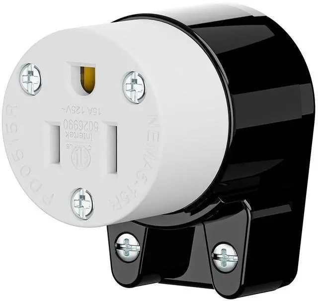 Main image of 360° Rotatable NEMA 5-15R Rewireable Female Receptacle, ETL Listed 15A 125V Right Angle Cord End Socket, 3-Prong DIY Replacement AC Connector for 12/14/16AWG Power Cord, Black & White