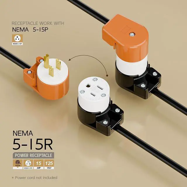 Alt view image 2 of 7 - 360° Rotatable NEMA 5-15R Rewireable Female Receptacle, ETL Listed 15A 125V Right Angle Cord End Socket, 3-Prong DIY Replacement AC Connector for 12/14/16AWG Power Cord, Black & White