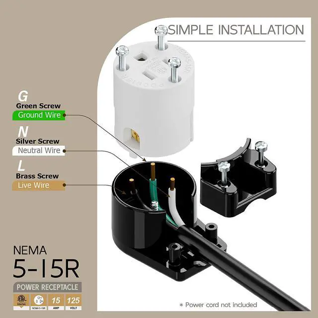 Alt view image 3 of 7 - 360° Rotatable NEMA 5-15R Rewireable Female Receptacle, ETL Listed 15A 125V Right Angle Cord End Socket, 3-Prong DIY Replacement AC Connector for 12/14/16AWG Power Cord, Black & White